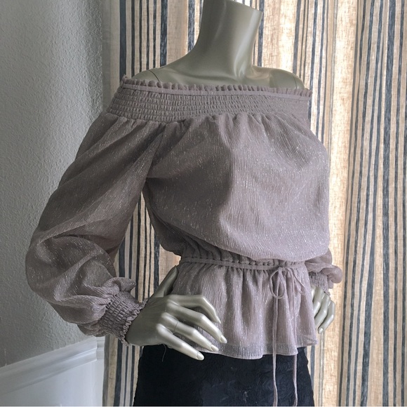 EUC WHITE HOUSE BLACK MARKET Shimmer Pale Pink Smocked Off the Shoulder Top S - Picture 2 of 10